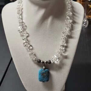 Crystal Droplets Sterling Silver Necklace Turquoise Pendent And Sterling Beads